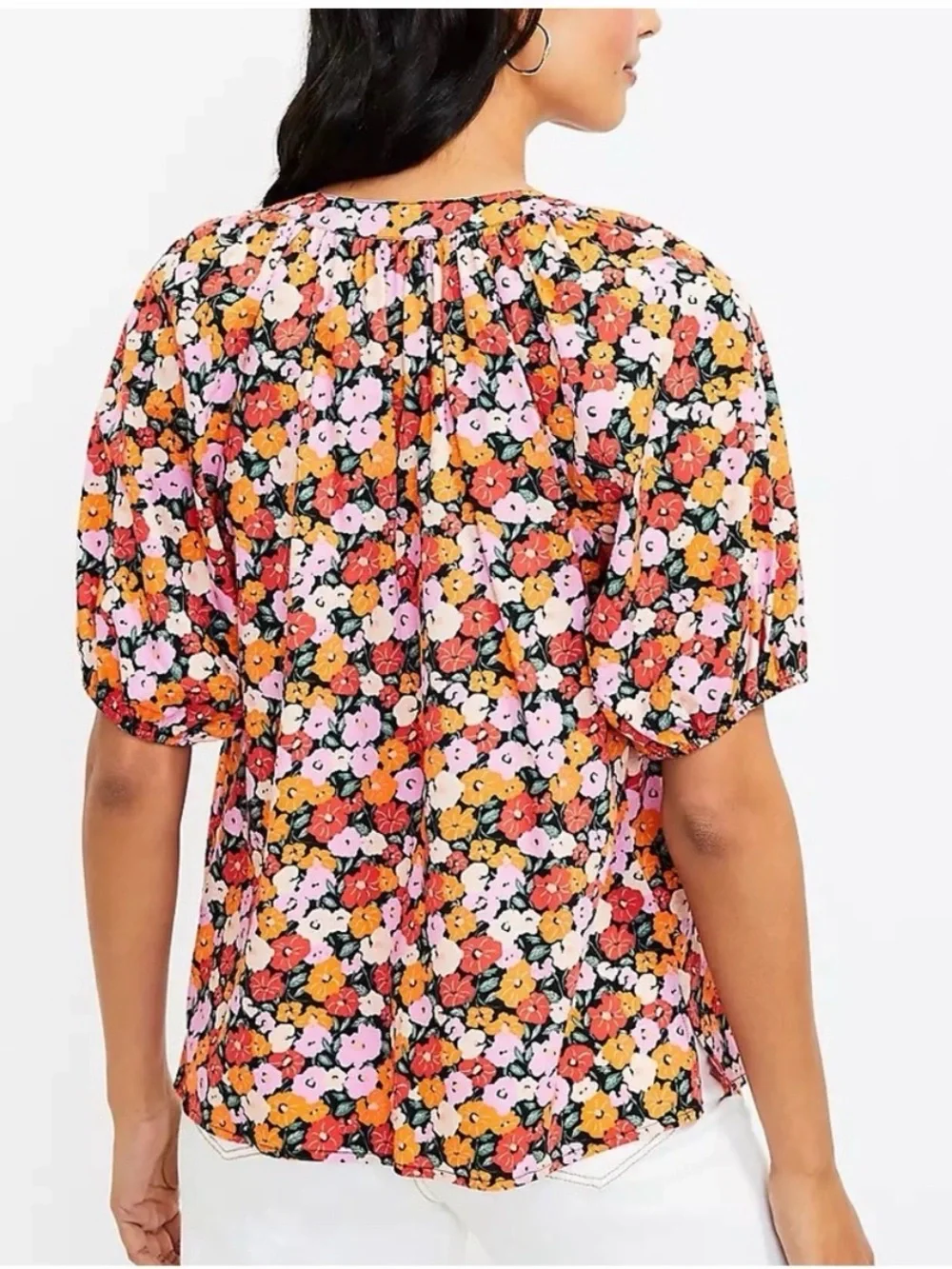 LOFT Floral Tie Neck Puff Sleeve Top Size M